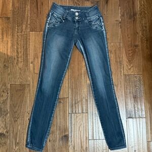 Silver Diva Womens Skinny Jeans Dark Wash Sequin Swan Rhinestone Size 7 Stretch